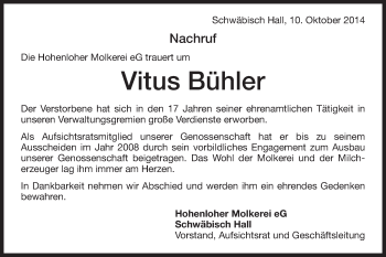 Traueranzeige von Vitus Bühler von Schwäbische Post