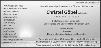 Traueranzeige von Christel Göbel von Schwäbische Post
