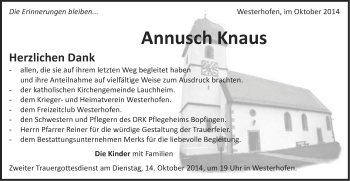 Traueranzeige von Annusch Knaus von Schwäbische Post