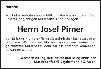 Traueranzeige von Josef Pirner von Schwäbische Post