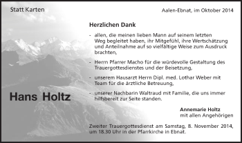 Traueranzeige von Hans Holtz von Schwäbische Post