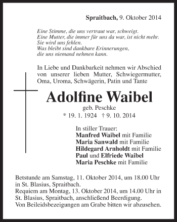 Traueranzeige von Adolfine Waibel von Gmünder Tagespost