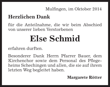Traueranzeige von Else Schmid von Gmünder Tagespost