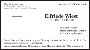 Traueranzeige von Elfriede Wiest von Gmünder Tagespost