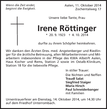 Traueranzeige von Irene Röttinger von Schwäbische Post