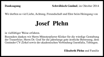 Traueranzeige von Josef Plehn von Gmünder Tagespost