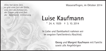 Traueranzeige von Luise Kaufmann von Schwäbische Post
