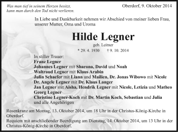 Traueranzeige von Hilde Legner von Schwäbische Post