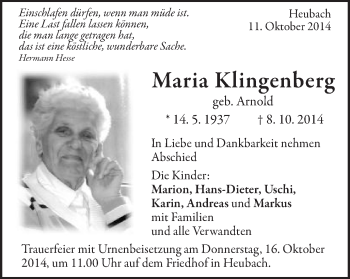 Traueranzeige von Maria Klingenberg von Gmünder Tagespost