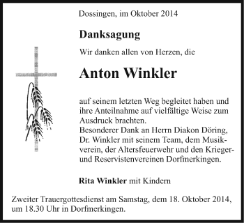 Traueranzeige von Anton Winkler von Schwäbische Post
