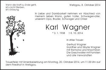 Traueranzeige von Karl Wagner von Gmünder Tagespost