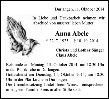 Traueranzeige von Anna Abele von Gmünder Tagespost