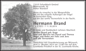 Traueranzeige von Hermann Brand von Gmünder Tagespost