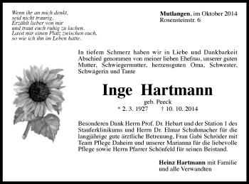 Traueranzeige von Inge Hartmann von Gmünder Tagespost