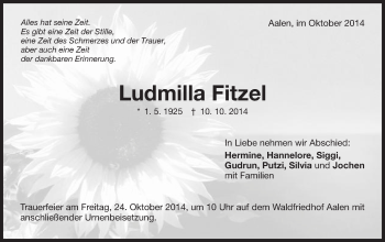 Traueranzeige von Ludmilla Fitzel von Schwäbische Post
