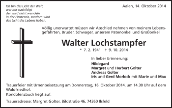 Traueranzeige von Walter Lochstampfer von Schwäbische Post