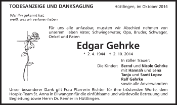 Traueranzeige von Edgar Gehrke von Schwäbische Post
