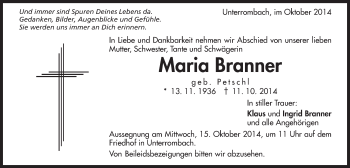 Traueranzeige von Maria Branner von Schwäbische Post