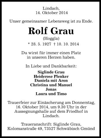 Traueranzeige von Rolf Grau von Gmünder Tagespost