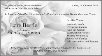 Traueranzeige von Lore Bestle von Schwäbische Post