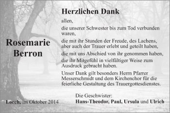 Traueranzeige von Rosemarie Berron von Gmünder Tagespost