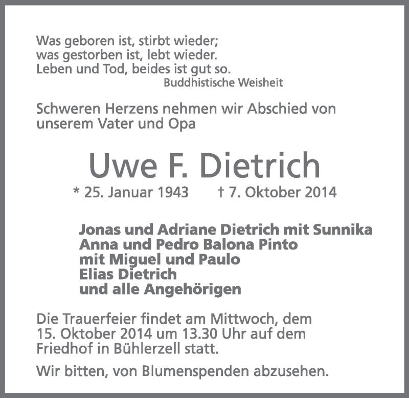  Traueranzeige für Uwe F. Dietrich vom 14.10.2014 aus Gmünder Tagespost