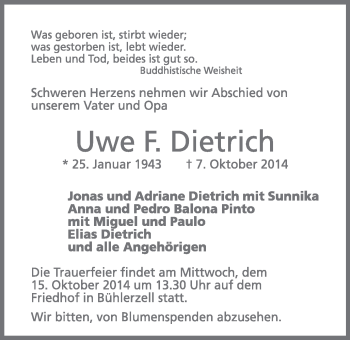 Traueranzeige von Uwe F. Dietrich von Gmünder Tagespost