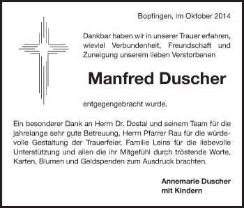 Traueranzeige von Manfred Duscher von Schwäbische Post