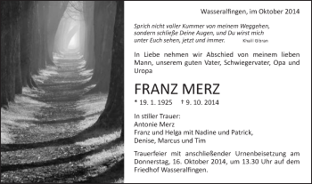 Traueranzeige von Franz Merz von Schwäbische Post
