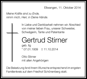 Traueranzeige von Gertrud Stirner von Schwäbische Post