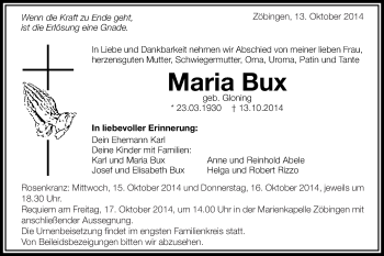 Traueranzeige von Maria Bux von Schwäbische Post