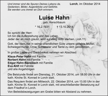 Traueranzeige von Luise Hahn von Gmünder Tagespost