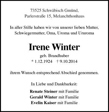 Traueranzeige von Irene Winter von Gmünder Tagespost