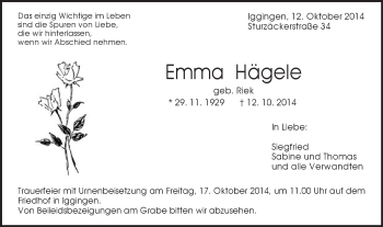 Traueranzeige von Emma Hägele von Gmünder Tagespost