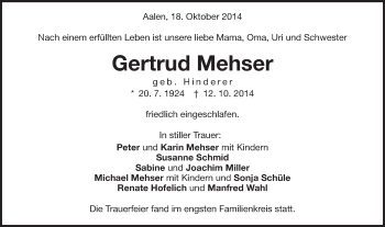 Traueranzeige von Gertrud Mehser von Schwäbische Post
