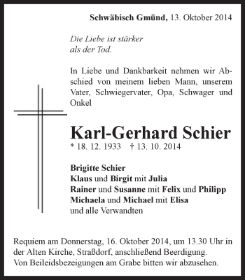 Traueranzeige von Karl-Gerhard Schier von Gmünder Tagespost