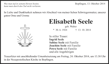 Traueranzeige von Elisabeth Seele von Schwäbische Post