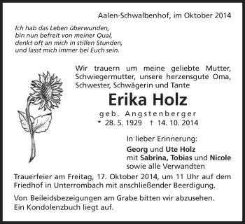 Traueranzeige von Erika Holz von Schwäbische Post