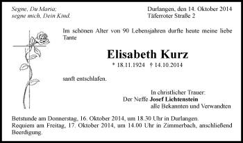 Traueranzeige von Elisabeth Kurz von Gmünder Tagespost