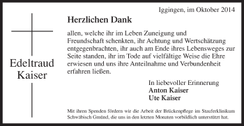 Traueranzeige von Edeltraud Kaiser von Gmünder Tagespost