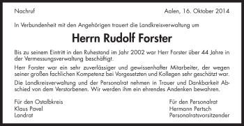 Traueranzeige von Rudolf Forster von Gmünder Tagespost