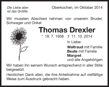 Traueranzeige von Thomas Drexler von Schwäbische Post