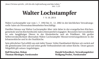 Traueranzeige von Walter Lochstampfer von Schwäbische Post