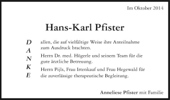 Traueranzeige von Hans-Karl Pfister von Gmünder Tagespost