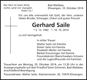Traueranzeige von Gerhard Saile von Schwäbische Post