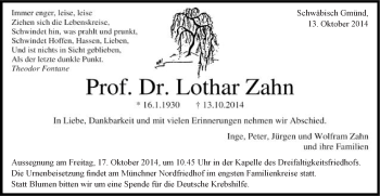 Traueranzeige von Lothar Zahn von Gmünder Tagespost