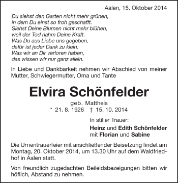 Traueranzeige von Elvira Schönfelder von Schwäbische Post