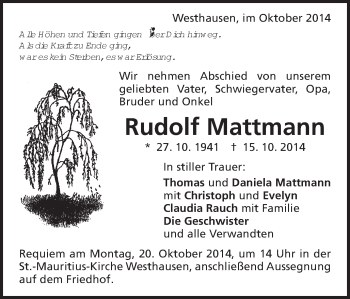 Traueranzeige von Rudolf Mattmann von Schwäbische Post