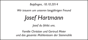 Traueranzeige von Josef Hartmann von Schwäbische Post
