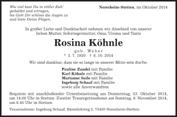 Traueranzeige von Rosina Köhnle von Schwäbische Post